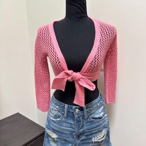 Vintage Wet Seal Crochet Tie-Front Bolero | Y2K Baby Pink Tie Cardigan | Sz XS